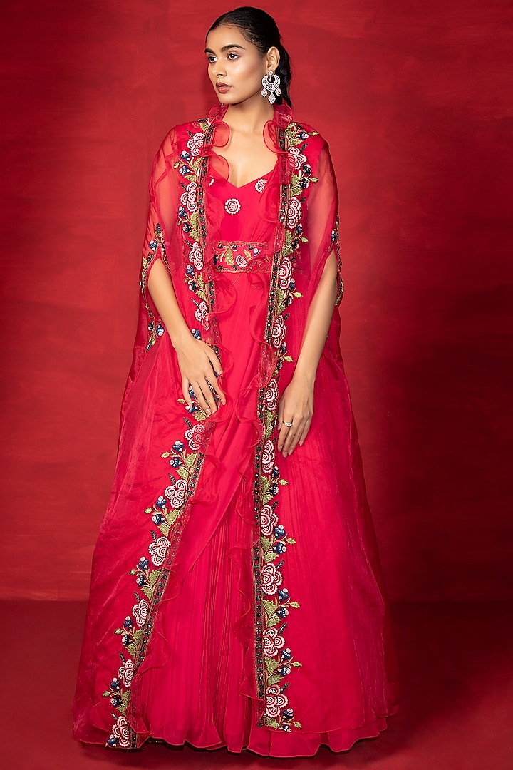 Cherry Red Embroidered Gown With Cape by Miku Kumar