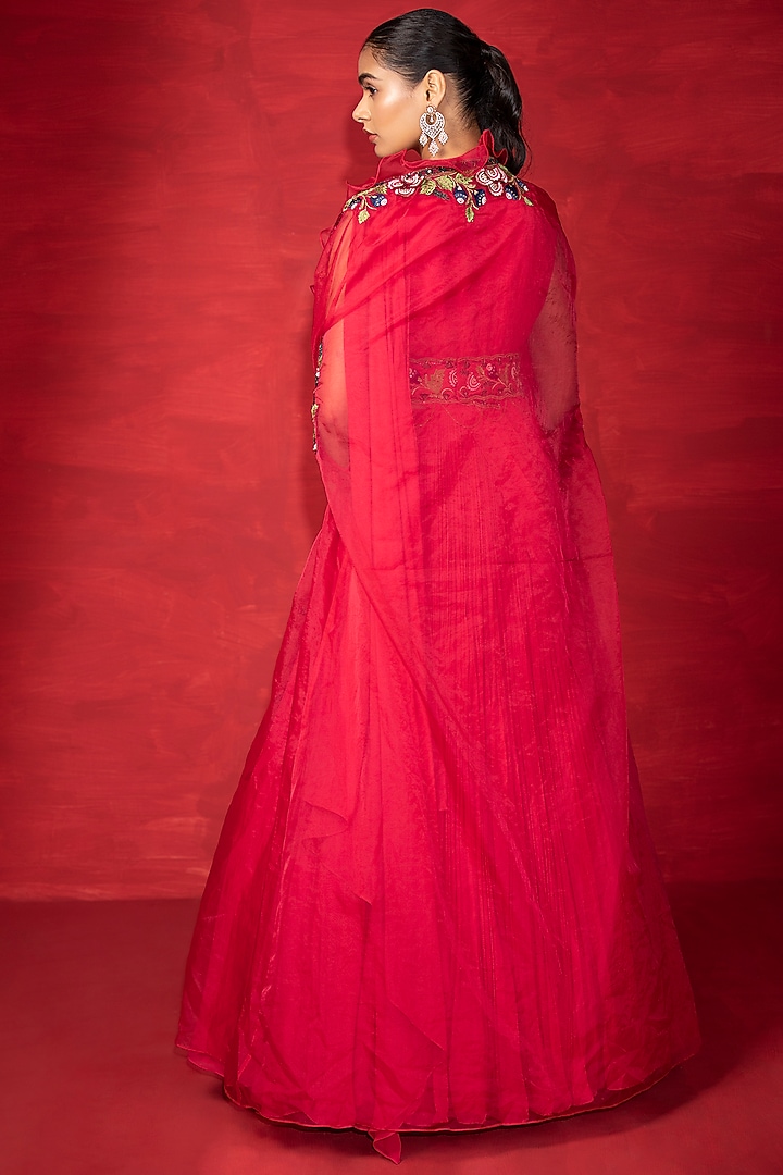 Cherry Red Embroidered Engagement Gown With Cape by Miku Kumar at Pernia's Pop Up Shop