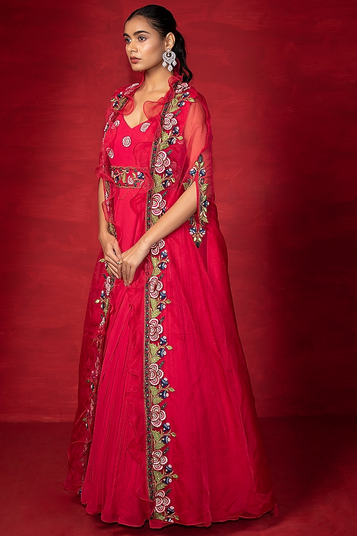 Cherry Red Embroidered Engagement Gown With Cape by Miku Kumar at Pernia's Pop Up Shop
