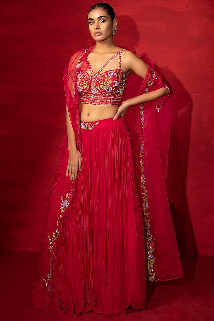 Cherry Red Embroidered Cape Set by Miku Kumar