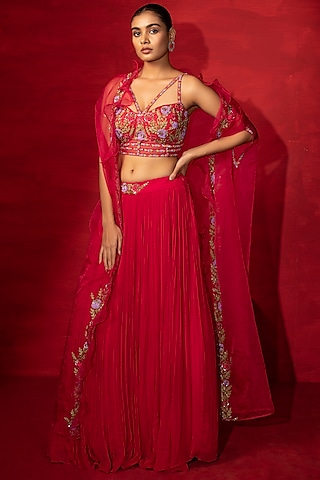 Cherry Red Embroidered Cape Set by Miku Kumar