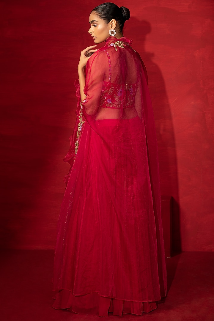 Cherry Red Embroidered Cape Set by Miku Kumar at Pernia's Pop Up Shop