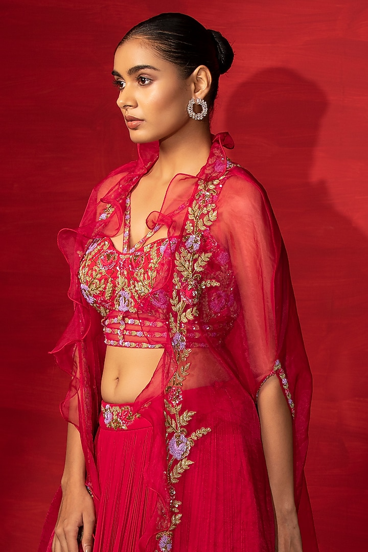 Cherry Red Embroidered Cape Set by Miku Kumar at Pernia's Pop Up Shop