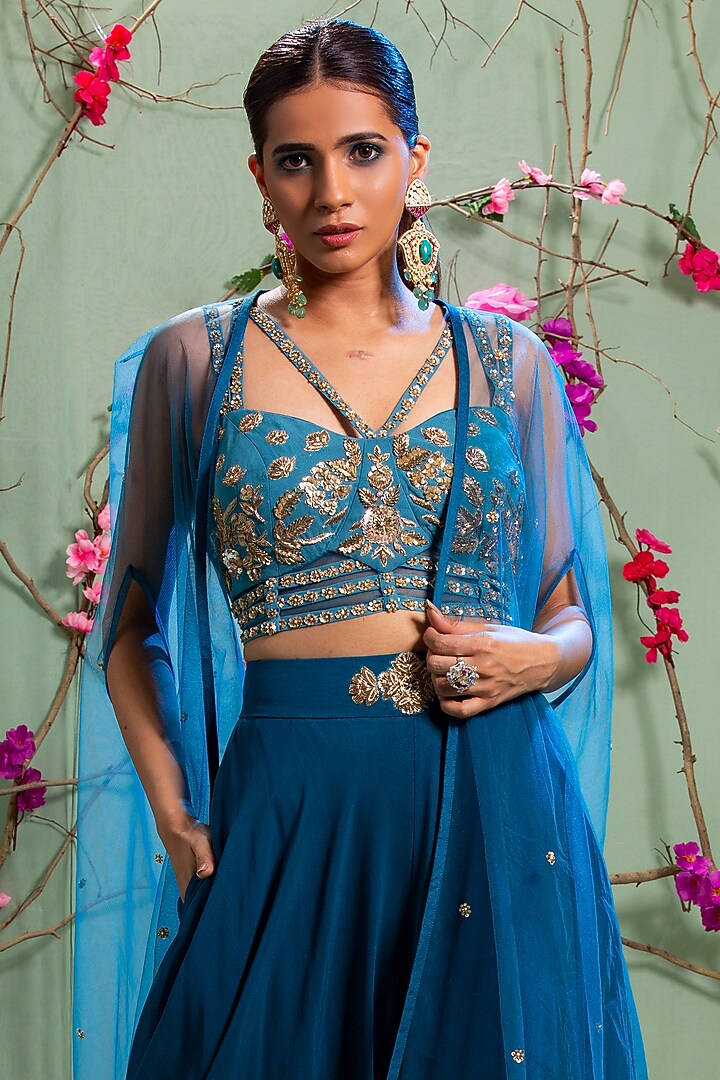 Blue Embroidered Cape Set For Girls by Miku Kumar - Kids at Pernia's Pop Up Shop