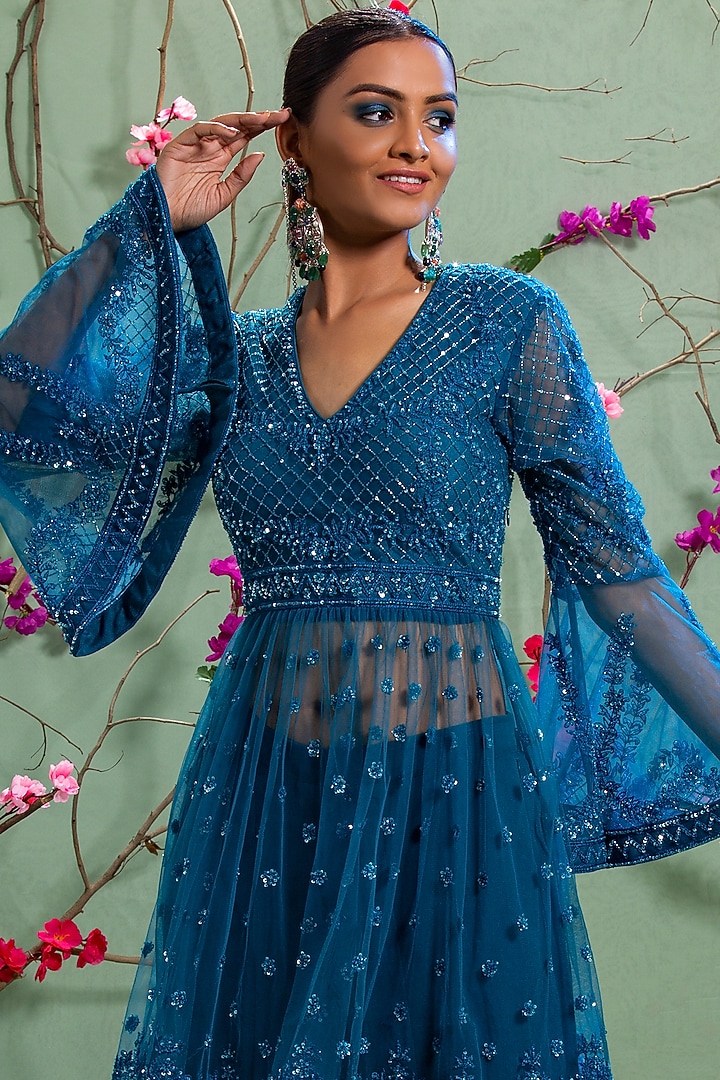Sea Blue Embroidered Tunic Set For Girls by Miku Kumar - Kids at Pernia's Pop Up Shop