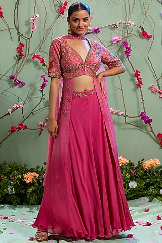 Rose Pink Embroidered Pants Set For Girls by Miku Kumar - Kids