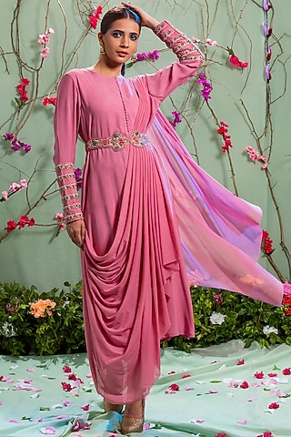 Rose Pink Draped Tunic With Belt For Girls by Miku Kumar - Kids