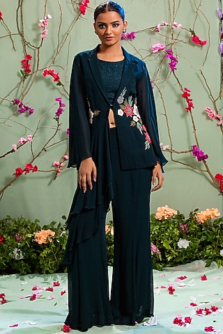 Peacock Blue Embroidered Jacket Set For Girls by Miku Kumar - Kids