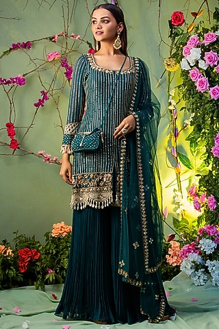 Teal Green Embroidered Gharara Set For Girls by Miku Kumar - Kids