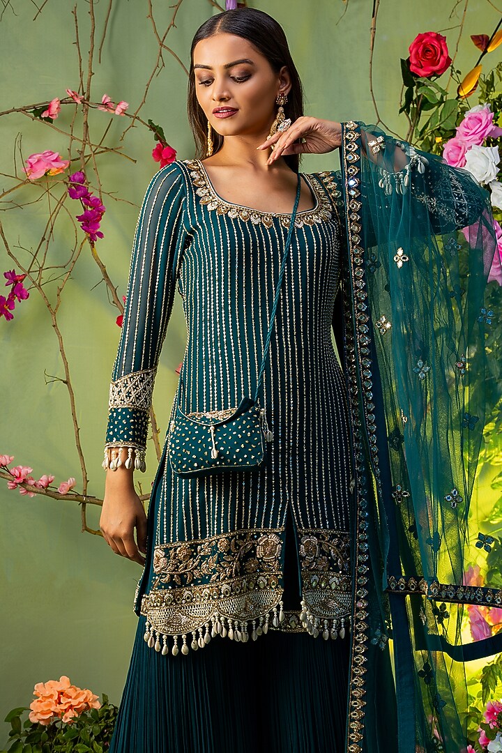 Teal Green Embroidered Gharara Set For Girls by Miku Kumar - Kids at Pernia's Pop Up Shop
