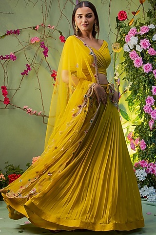 Yellow Embroidered Skirt Set With Belt Bag For Girls by Miku Kumar - Kids