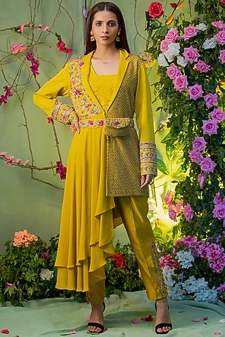 Yellow Zardosi Embroidered Jacket Set For Girls by Miku Kumar - Kids