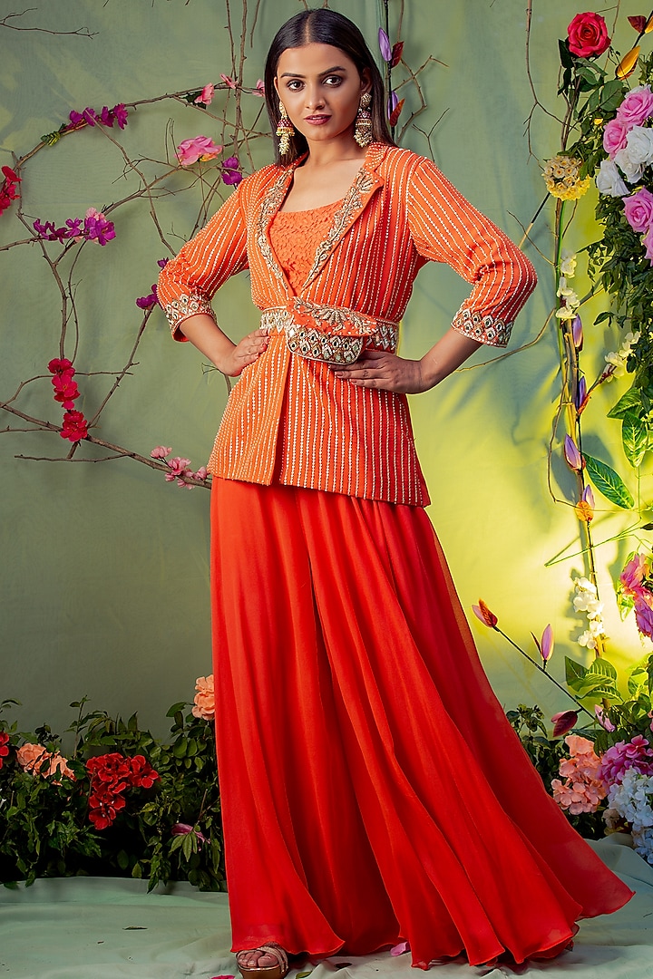 Orange Embroidered Jacket Set For Girls by Miku Kumar - Kids at Pernia's Pop Up Shop