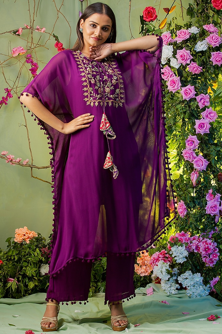 Purple Embroidered Kaftan Set For Girls by Miku Kumar - Kids