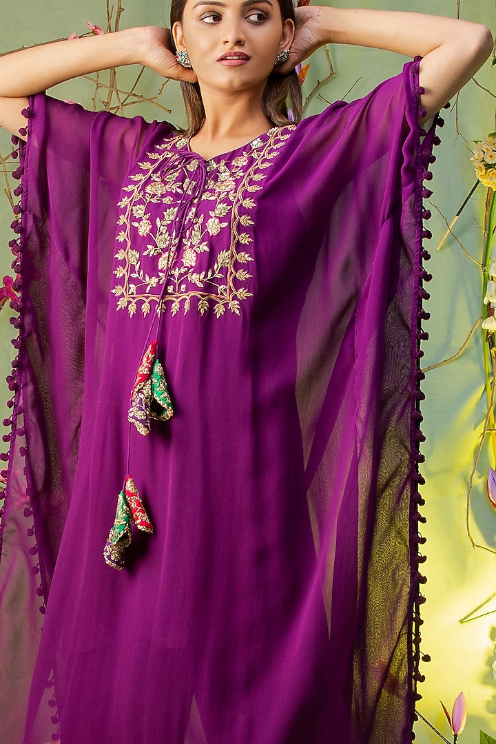 Purple Embroidered Kaftan Set For Girls by Miku Kumar - Kids at Pernia's Pop Up Shop