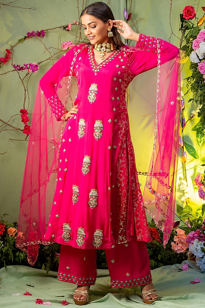 Hot Pink Embroidered Kurta Set For Girls by Miku Kumar - Kids