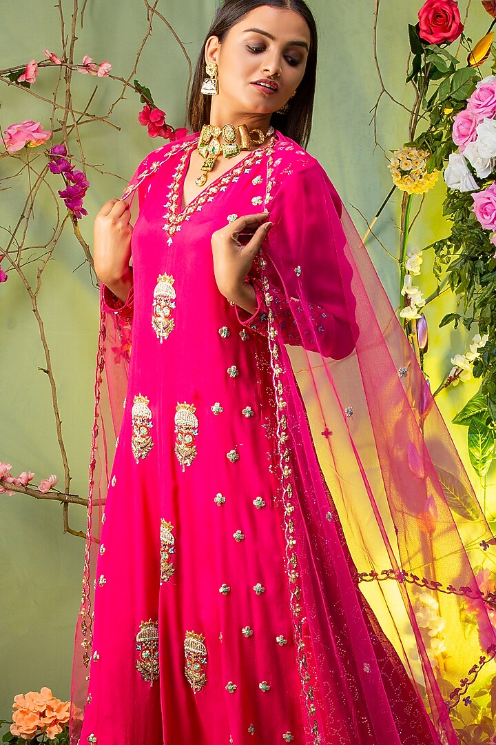 Hot Pink Embroidered Kurta Set For Girls by Miku Kumar - Kids at Pernia's Pop Up Shop
