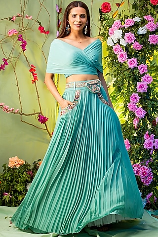 Sea Green Embroidered Skirt Set For Girls by Miku Kumar - Kids