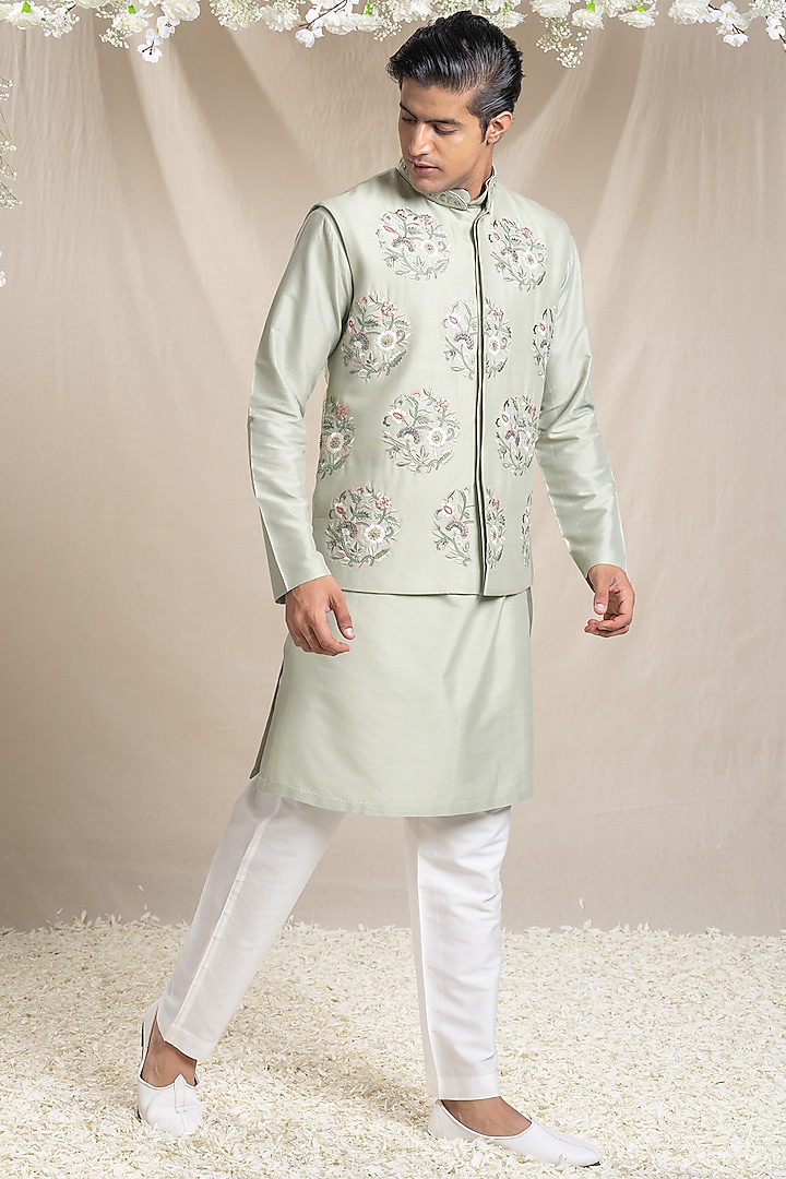 Olive Green Cotton Silk Floral Motif Embroidered Bundi Jacket Set For Boys by Sanjev Marwaaha Kids