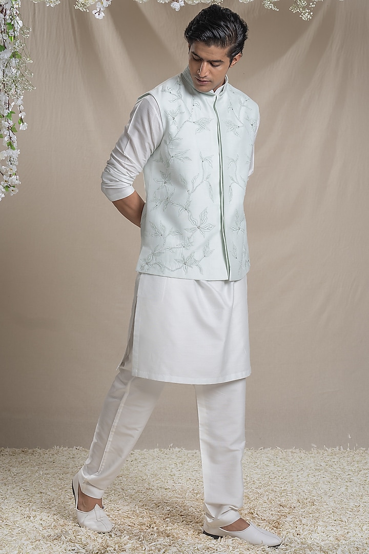 Ice Blue Cotton Silk Embroidered Bundi Jacket Set For Boys by Sanjev Marwaaha Kids