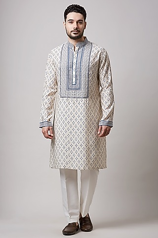 Light Fawn Cotton Silk Hand Block Printed Kurta Set For Boys by Sanjev Marwaaha Kids