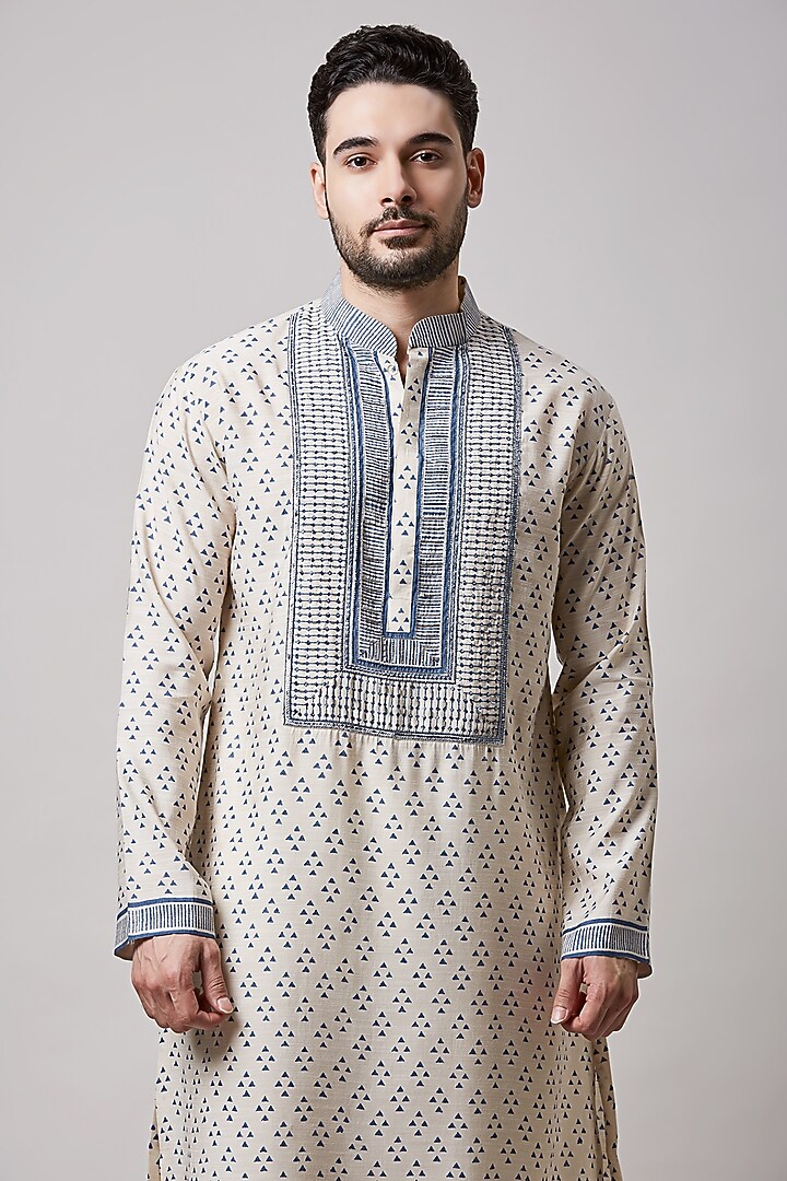 Light Fawn Cotton Silk Hand Block Printed Kurta Set For Boys by Sanjev Marwaaha Kids at Pernia's Pop Up Shop