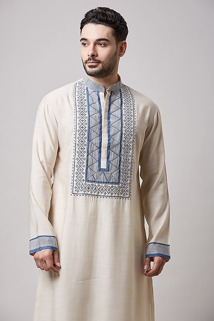 Light Fawn Cotton Silk Hand Block Printed Kurta Set For Boys by Sanjev Marwaaha Kids at Pernia's Pop Up Shop