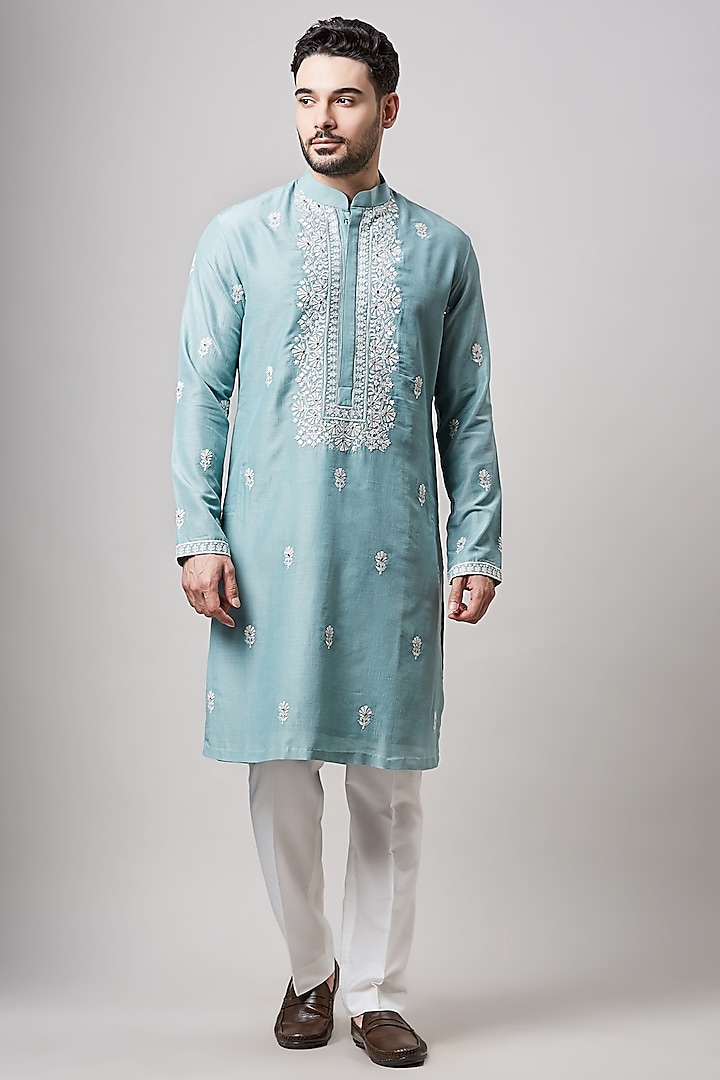 Light Blue Soy Silk Mirror Embellished Kurta Set For Boys by Sanjev Marwaaha Kids at Pernia's Pop Up Shop