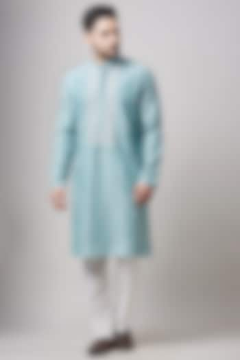 Light Blue Soy Silk Embellished Kurta Set For Boys by Sanjev Marwaaha Kids at Pernia's Pop Up Shop