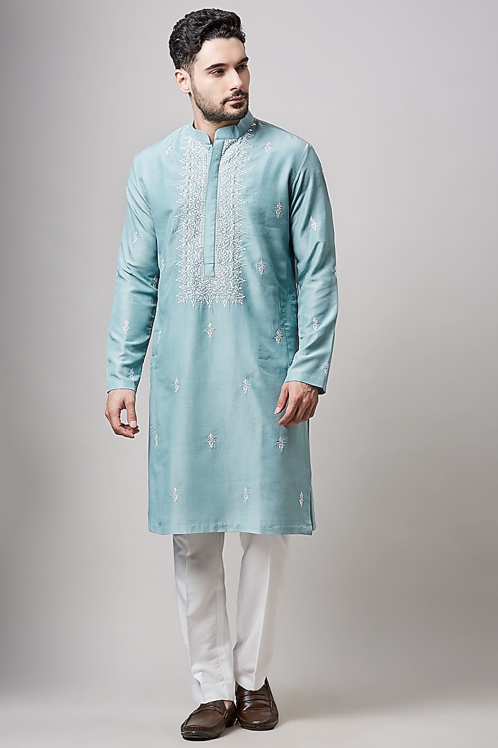 Light Blue Soy Silk Embellished Kurta Set For Boys by Sanjev Marwaaha Kids at Pernia's Pop Up Shop