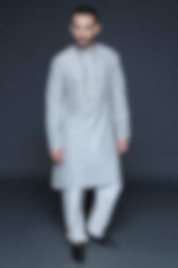 Charcoal Grey Cotton Silk Block Printed Kurta Set For Boys by Sanjev Marwaaha Kids at Pernia's Pop Up Shop