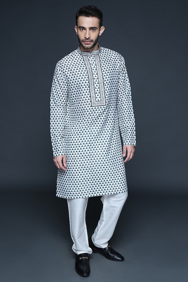 Charcoal Grey Cotton Silk Block Printed Kurta Set For Boys by Sanjev Marwaaha Kids at Pernia's Pop Up Shop