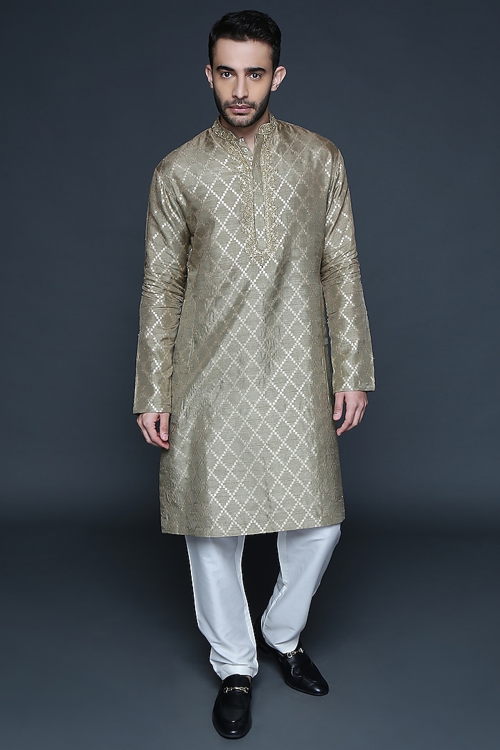 Military Green Jacquard Chanderi Zari Embroidered Kurta Set For Boys by Sanjev Marwaaha Kids at Pernia's Pop Up Shop