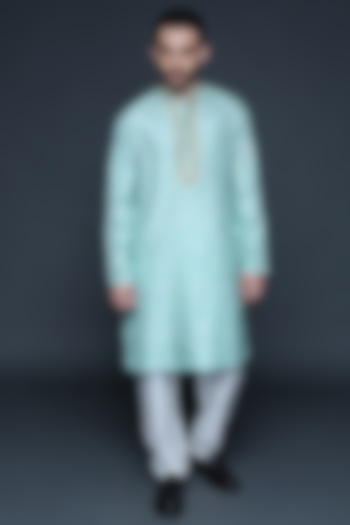 Sea Green Jacquard Chanderi Zari Embroidered Kurta Set For Boys by Sanjev Marwaaha Kids at Pernia's Pop Up Shop