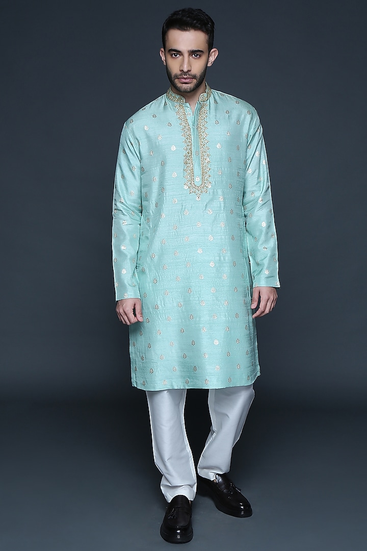 Sea Green Jacquard Chanderi Zari Embroidered Kurta Set For Boys by Sanjev Marwaaha Kids at Pernia's Pop Up Shop