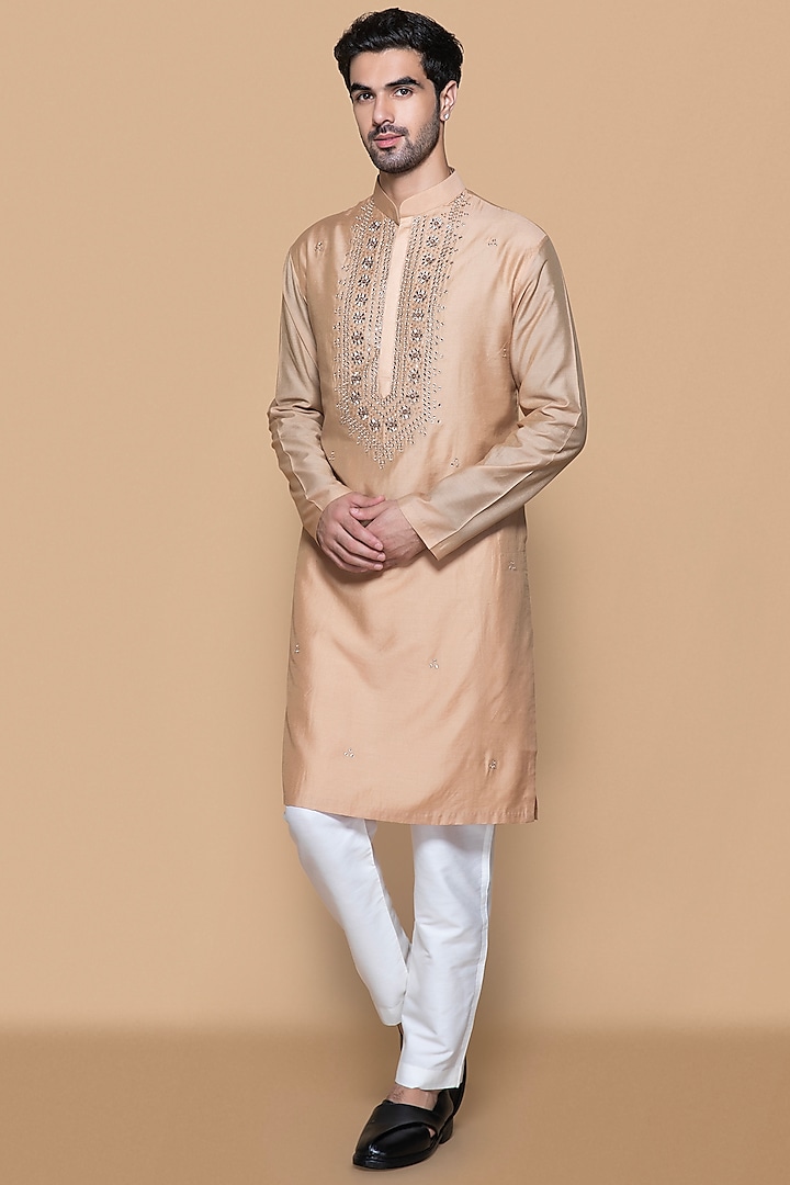 Fawn Modal Mirror & Bead Embellished Kurta Set For Boys by Sanjev Marwaaha Kids at Pernia's Pop Up Shop