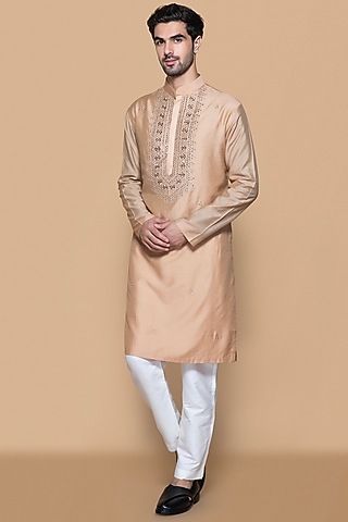 Fawn Modal Mirror & Bead Embellished Kurta Set For Boys by Sanjev Marwaaha Kids