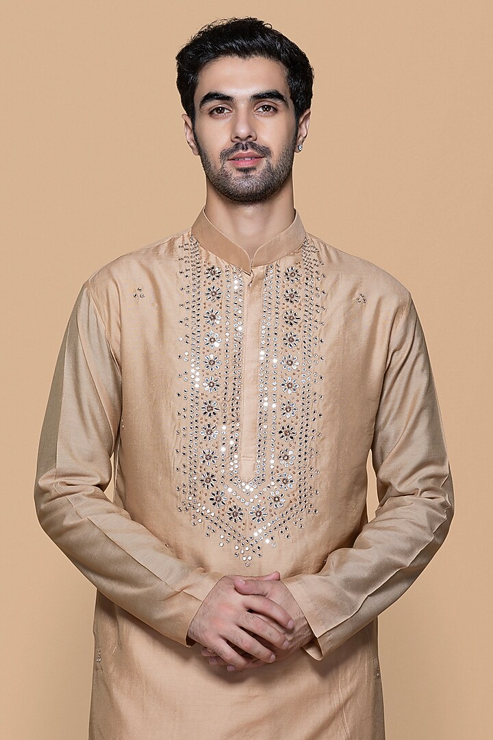 Fawn Modal Mirror & Bead Embellished Kurta Set For Boys by Sanjev Marwaaha Kids at Pernia's Pop Up Shop