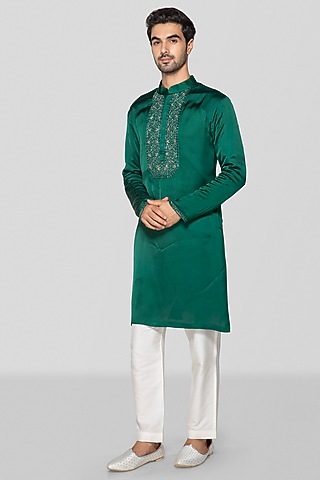 Green Modal Sequin & Bead Embroidered Kurta Set For Boys by Sanjev Marwaaha Kids
