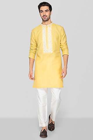 Golden Yellow Cotton Silk Hand Block Printed Short Kurta Set For Boys by Sanjev Marwaaha Kids