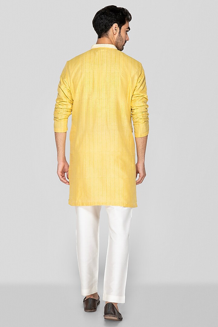 Golden Yellow Cotton Silk Hand Block Printed Short Kurta Set For Boys by Sanjev Marwaaha Kids at Pernia's Pop Up Shop