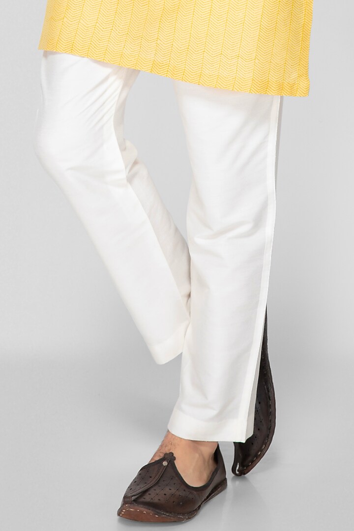 Golden Yellow Cotton Silk Hand Block Printed Short Kurta Set For Boys by Sanjev Marwaaha Kids at Pernia's Pop Up Shop