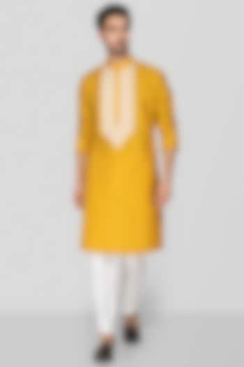 Mustard Yellow Cotton Silk Bead Embroidered Kurta Set For Boys by Sanjev Marwaaha Kids at Pernia's Pop Up Shop