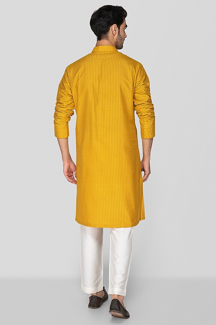 Mustard Yellow Cotton Silk Bead Embroidered Kurta Set For Boys by Sanjev Marwaaha Kids at Pernia's Pop Up Shop