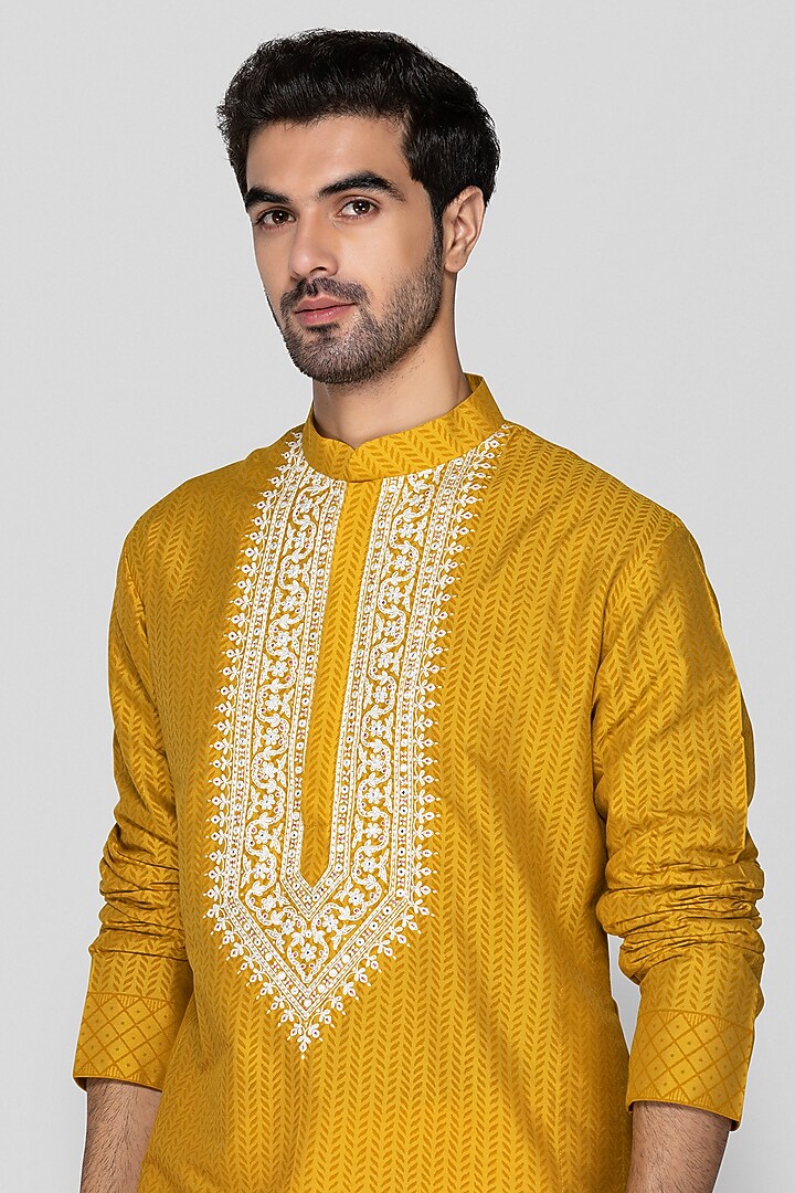 Mustard Yellow Cotton Silk Bead Embroidered Kurta Set For Boys by Sanjev Marwaaha Kids at Pernia's Pop Up Shop