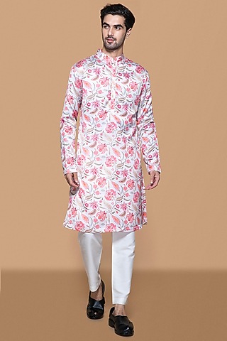 Ivory & Pink Modal Satin Silk Floral Digital Printed Kurta Set For Boys by Sanjev Marwaaha Kids