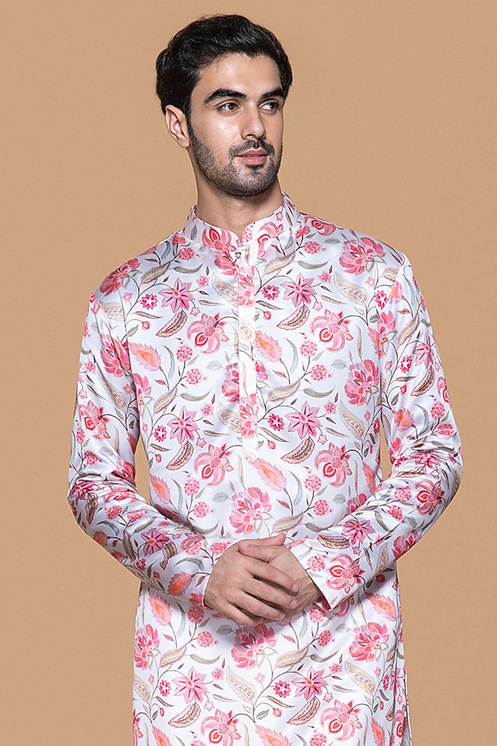 Ivory & Pink Modal Satin Silk Floral Digital Printed Kurta Set For Boys by Sanjev Marwaaha Kids at Pernia's Pop Up Shop