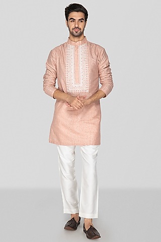 Peach Cotton Silk Block Printed Kurta Set For Boys by Sanjev Marwaaha Kids