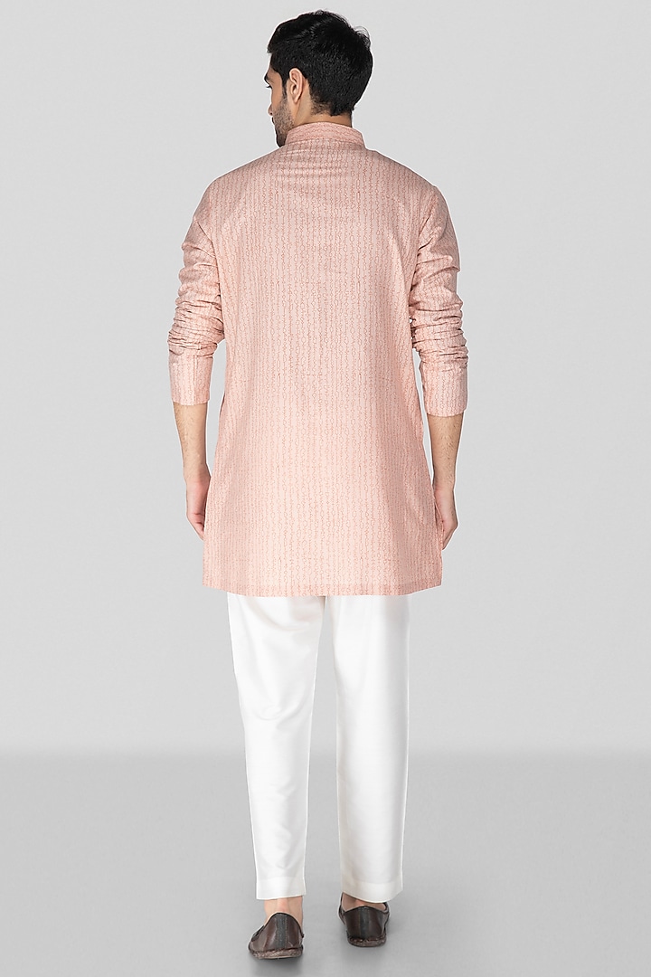 Peach Cotton Silk Block Printed Kurta Set For Boys by Sanjev Marwaaha Kids at Pernia's Pop Up Shop