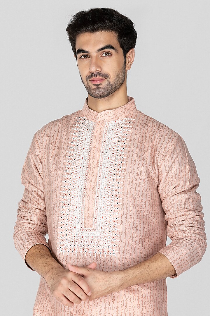 Peach Cotton Silk Block Printed Kurta Set For Boys by Sanjev Marwaaha Kids at Pernia's Pop Up Shop